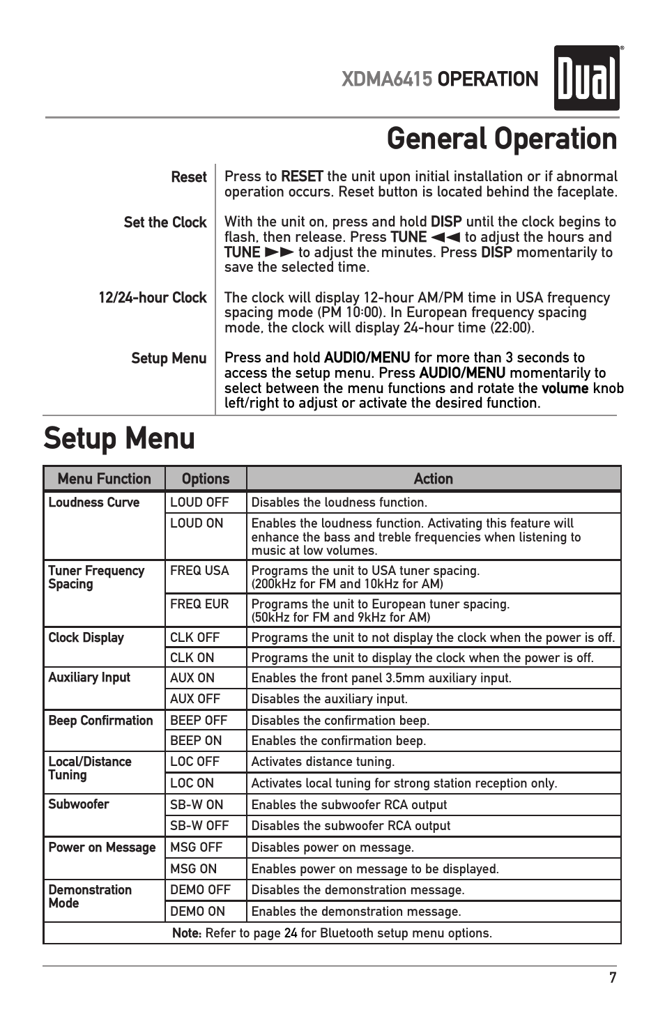 General operation, Setup menu, Xdma6415 operation | Dual Electronics XDMA6415 User Manual | Page 7 / 28