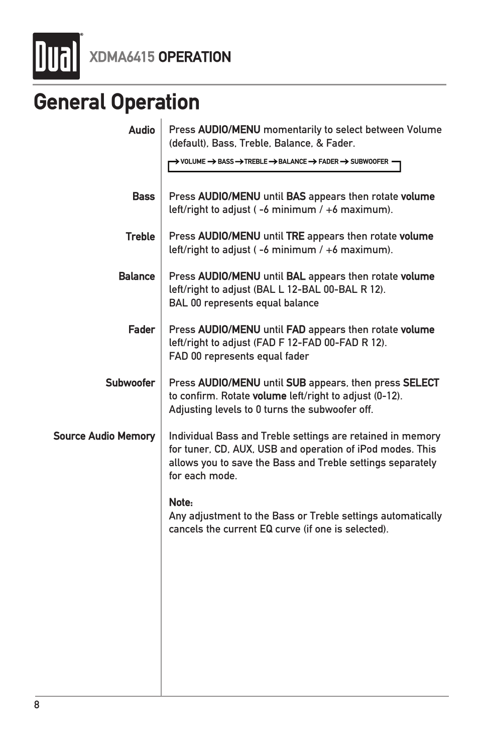 General operation, Xdma6415 operation | Dual Electronics XDMA6415 User Manual | Page 8 / 28
