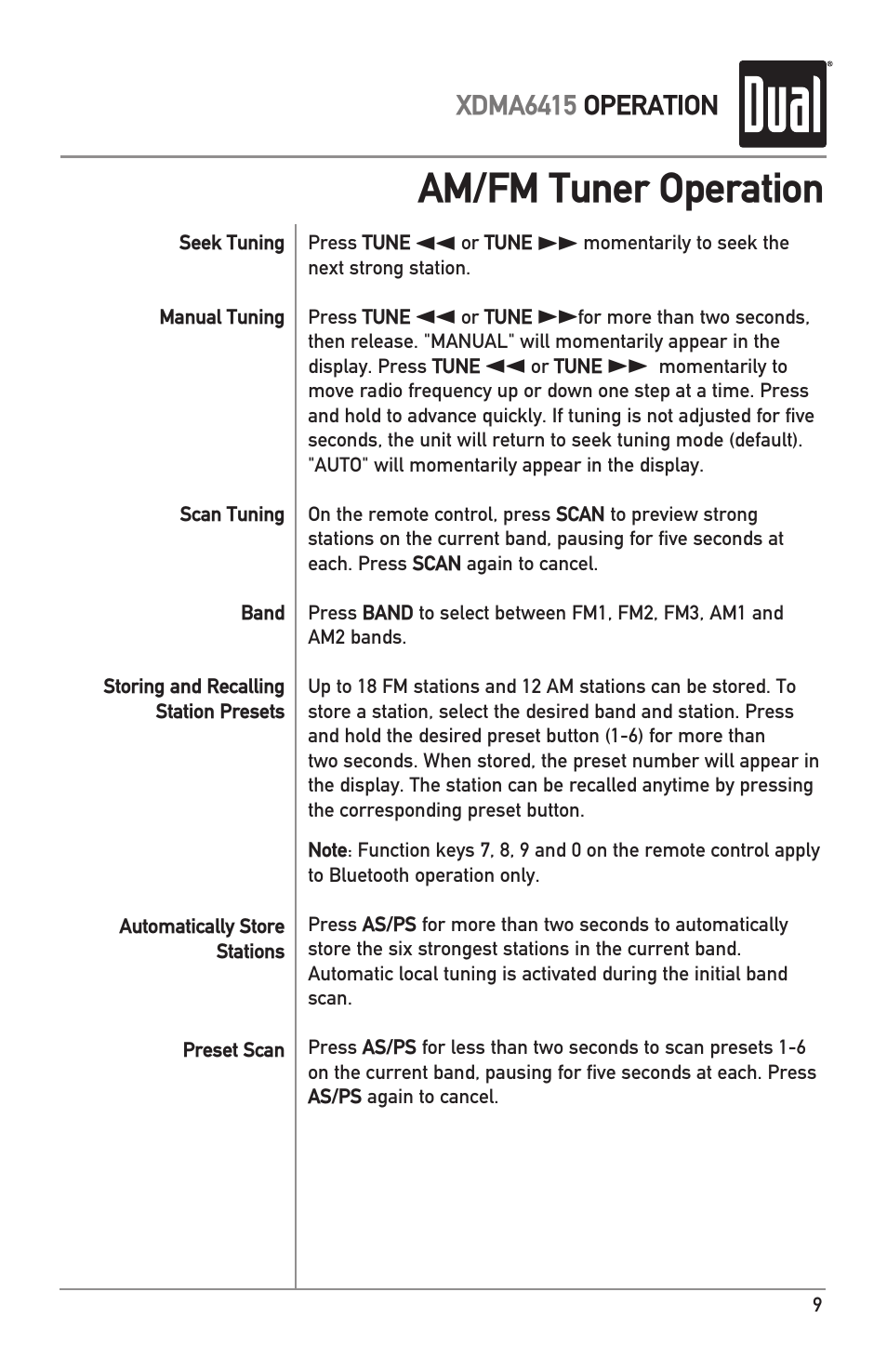 Am/fm tuner operation | Dual Electronics XDMA6415 User Manual | Page 9 / 28