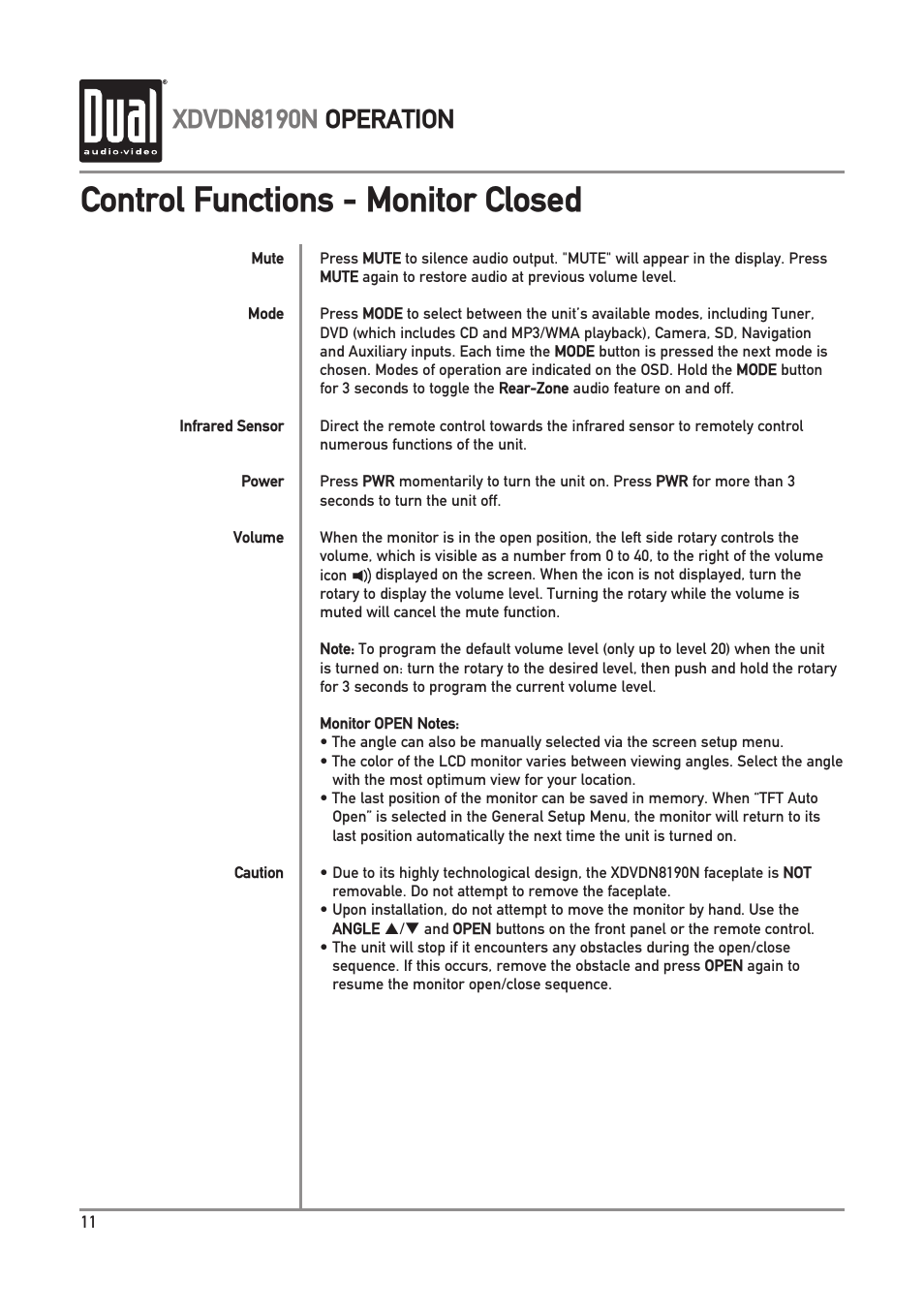 Control functions - monitor closed, Xdvdn8190n operation | Dual Electronics XDVDN8190N User Manual | Page 12 / 84