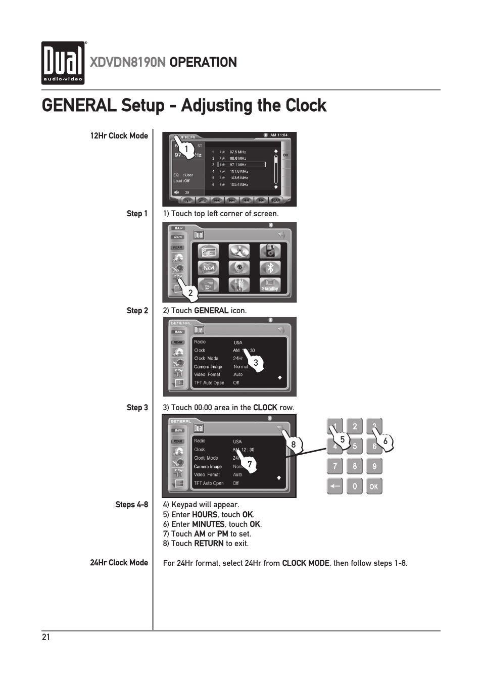 General setup - adjusting the clock | Dual Electronics XDVDN8190N User Manual | Page 22 / 84