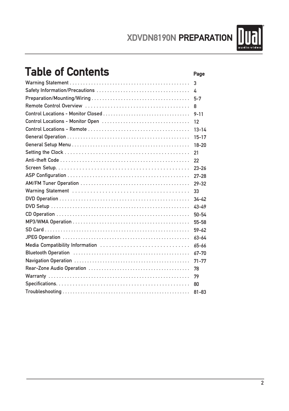 Dual Electronics XDVDN8190N User Manual | Page 3 / 84
