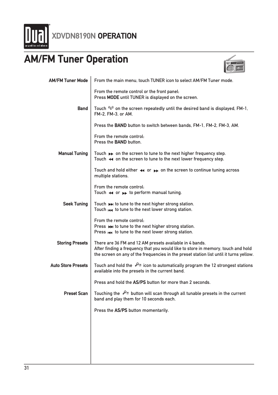 Am/fm tuner operation, Xdvdn8190n operation | Dual Electronics XDVDN8190N User Manual | Page 32 / 84