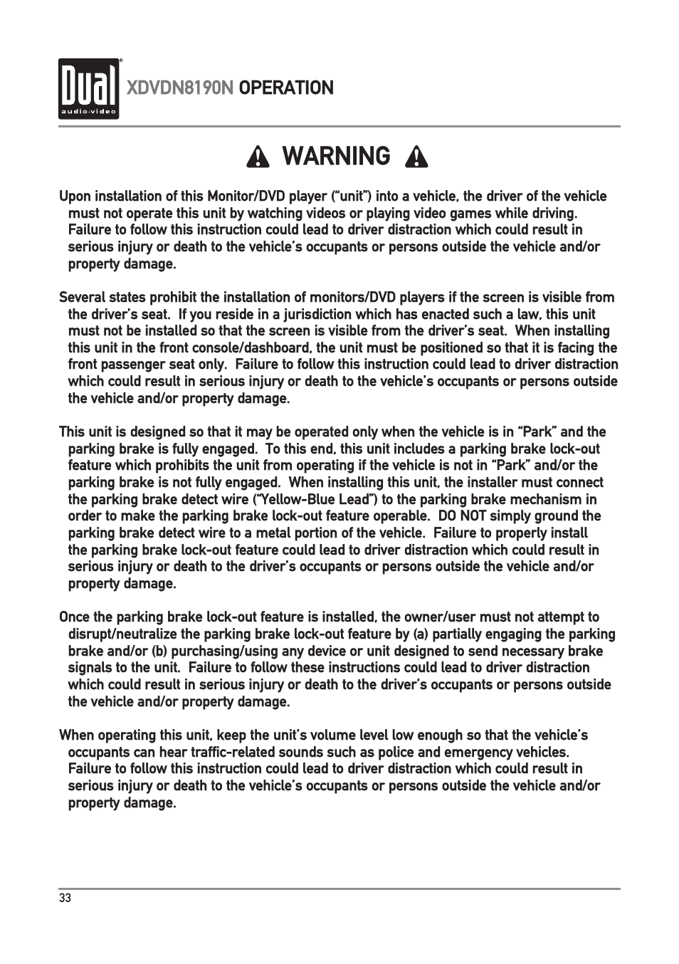 Warning, Xdvdn8190n operation | Dual Electronics XDVDN8190N User Manual | Page 34 / 84