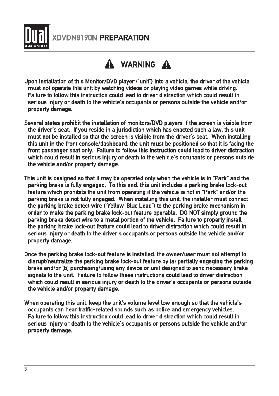 Xdvdn8190n preparation warning | Dual Electronics XDVDN8190N User Manual | Page 4 / 84