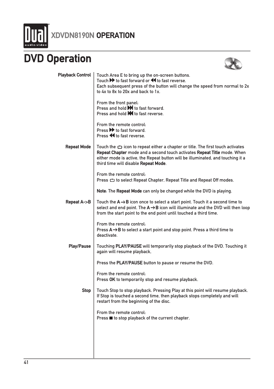 Dvd operation, Xdvdn8190n operation | Dual Electronics XDVDN8190N User Manual | Page 42 / 84