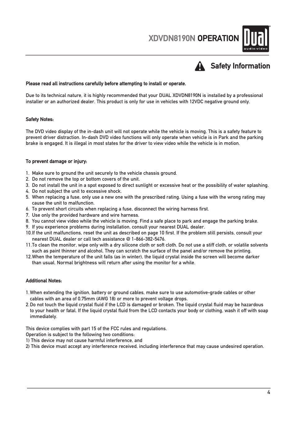 Xdvdn8190n operation, Safety information | Dual Electronics XDVDN8190N User Manual | Page 5 / 84