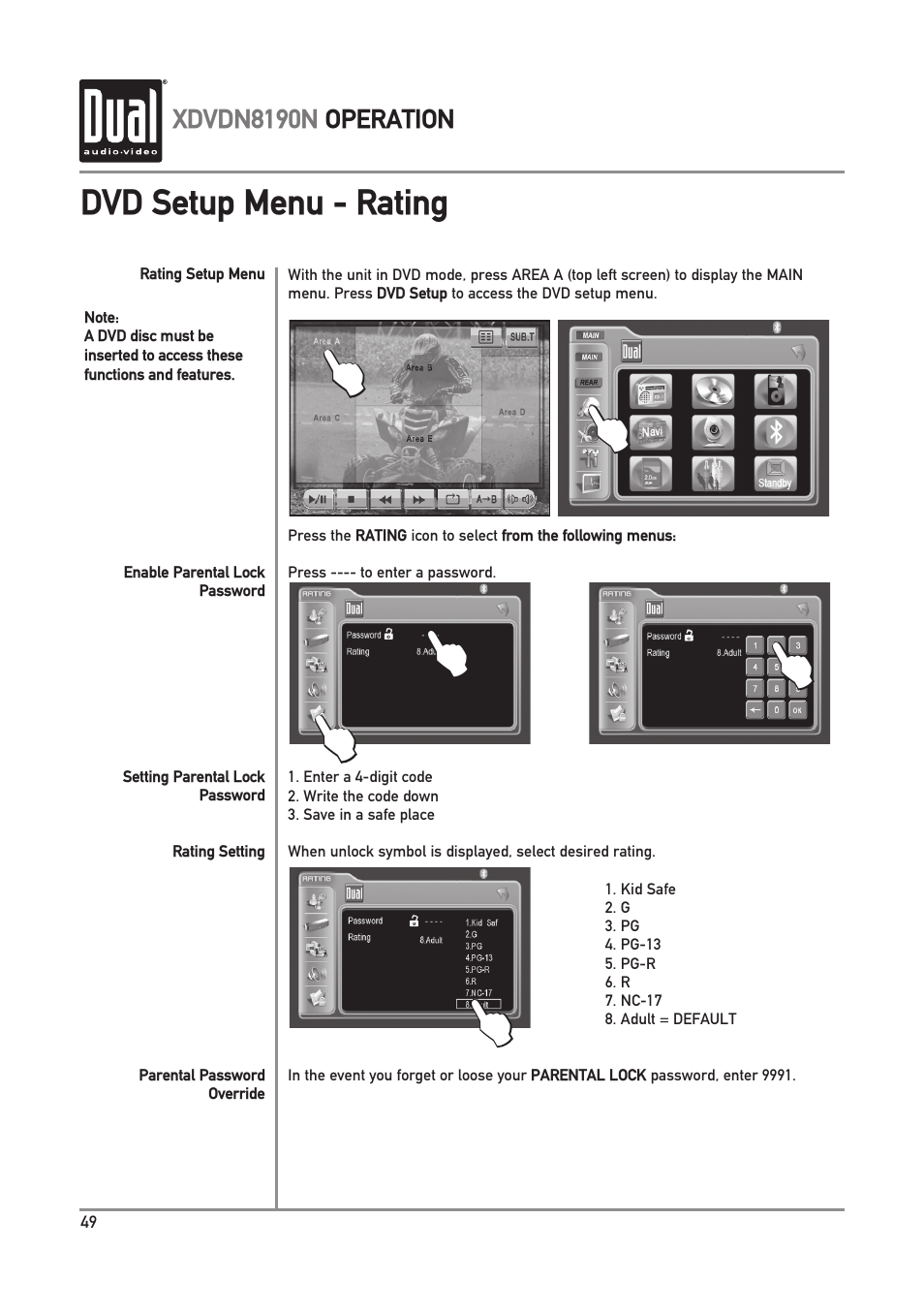 Dvd setup menu - rating, Xdvdn8190n operation | Dual Electronics XDVDN8190N User Manual | Page 50 / 84
