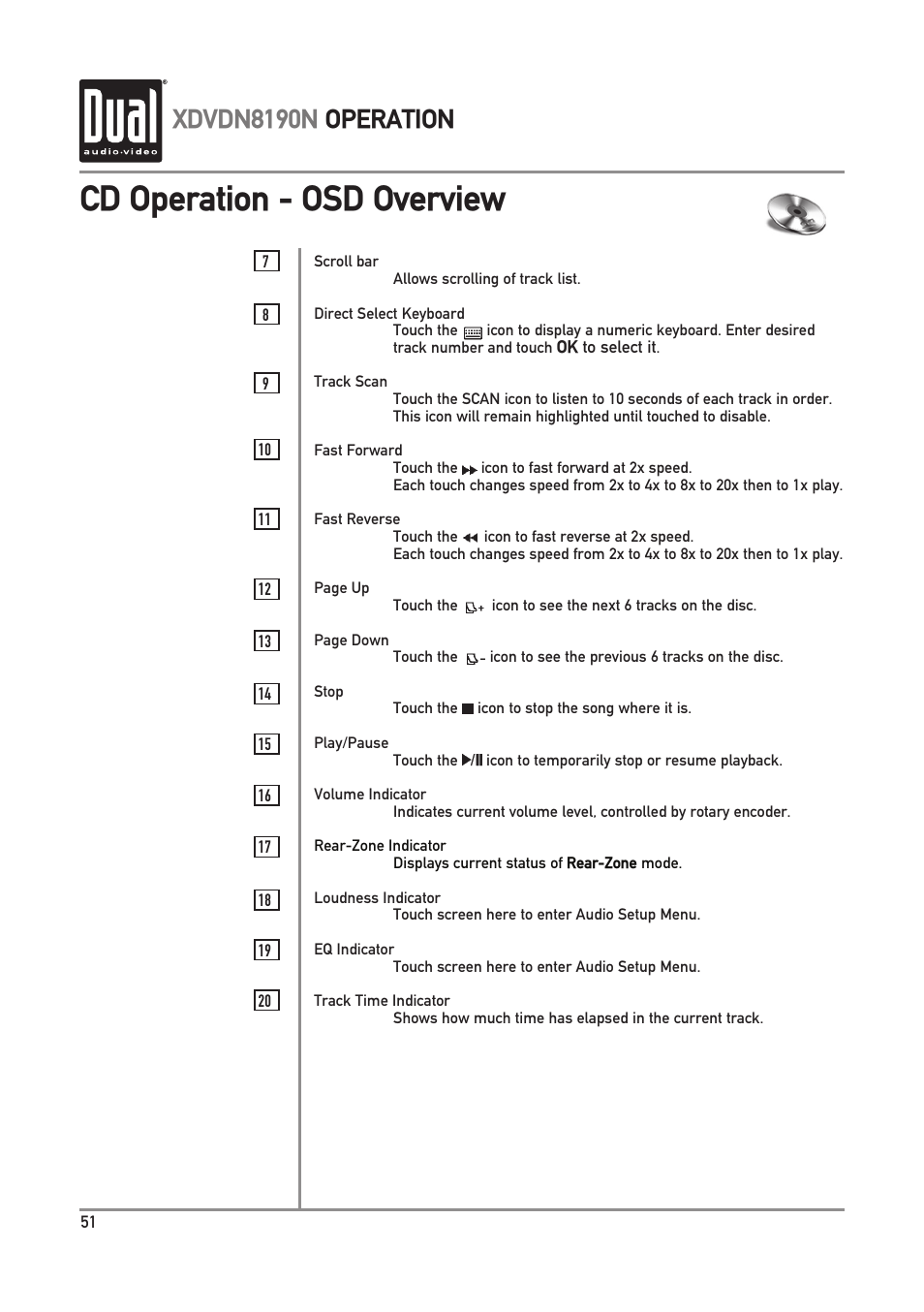 Cd operation - osd overview, Xdvdn8190n operation | Dual Electronics XDVDN8190N User Manual | Page 52 / 84