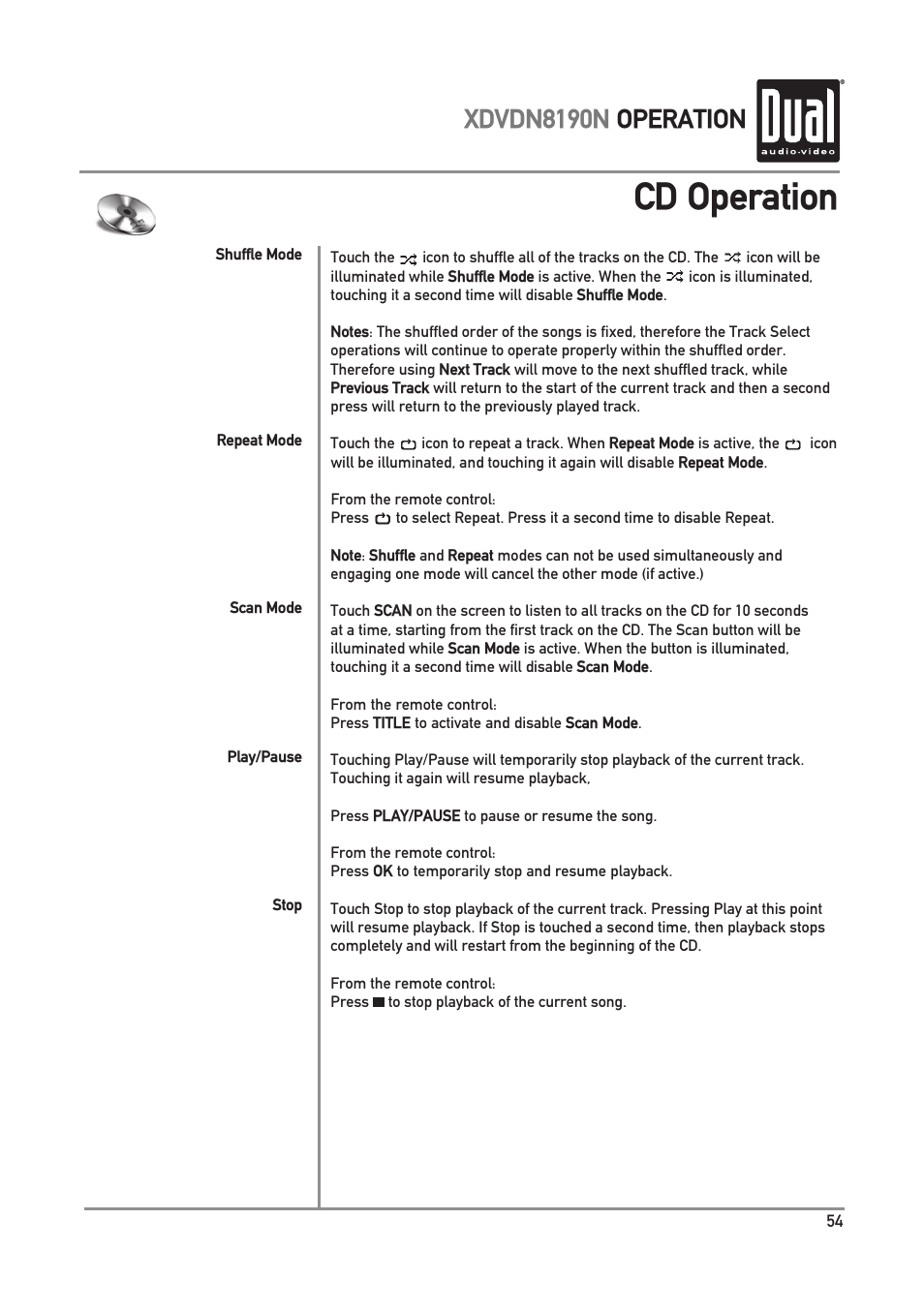 Cd operation, Xdvdn8190n operation | Dual Electronics XDVDN8190N User Manual | Page 55 / 84