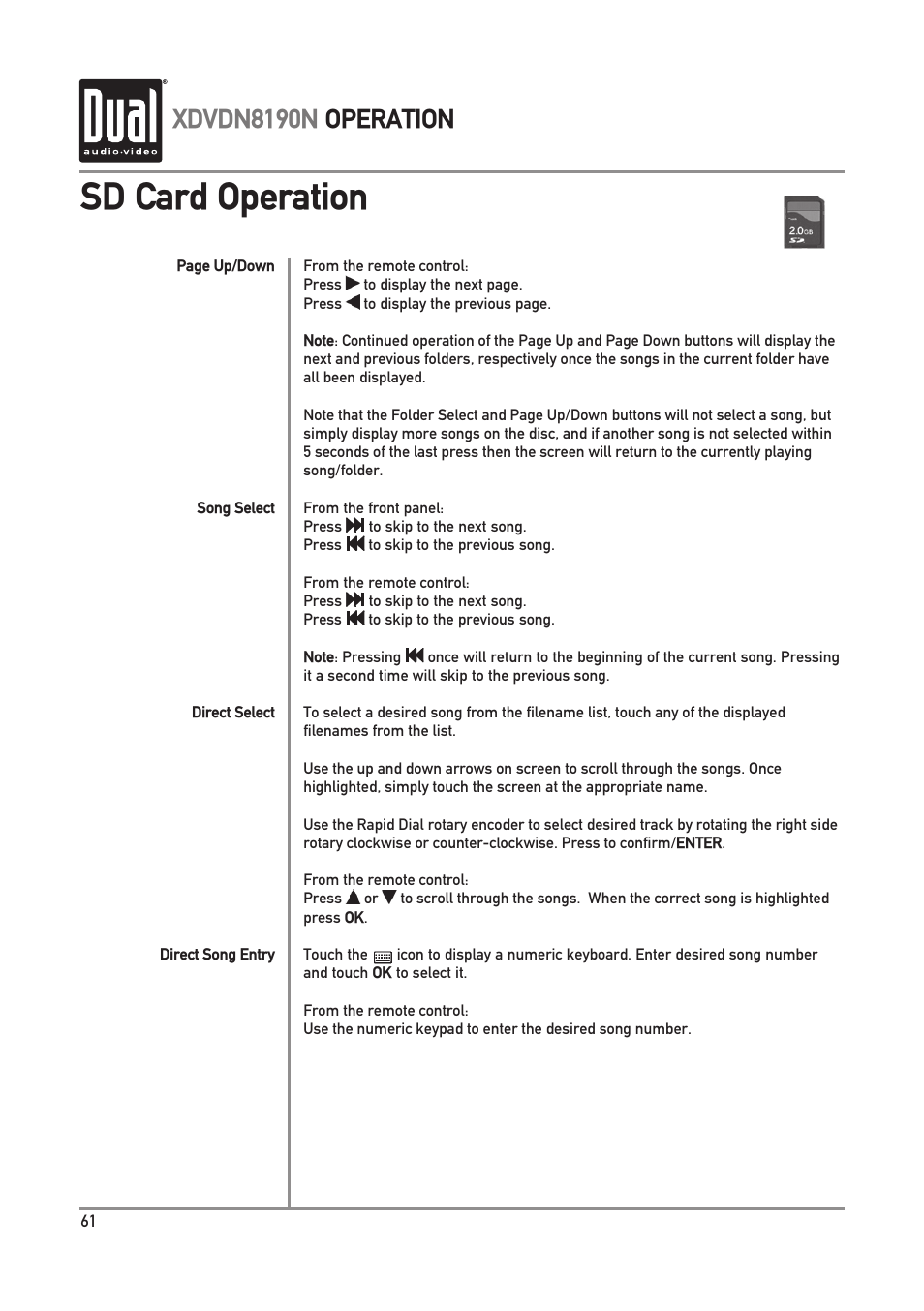 Sd card operation, Xdvdn8190n operation | Dual Electronics XDVDN8190N User Manual | Page 62 / 84