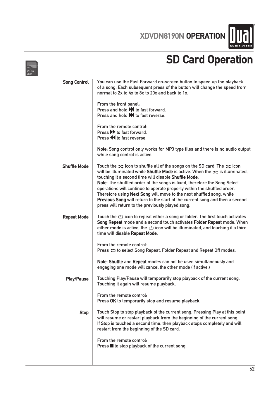 Sd card operation, Xdvdn8190n operation | Dual Electronics XDVDN8190N User Manual | Page 63 / 84