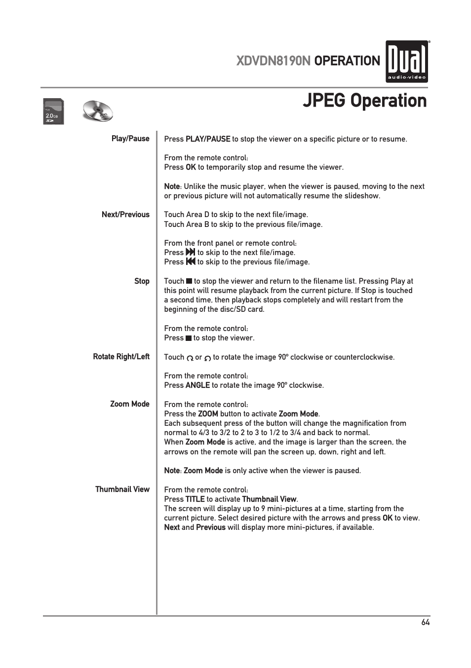 Jpeg operation, Xdvdn8190n operation | Dual Electronics XDVDN8190N User Manual | Page 65 / 84