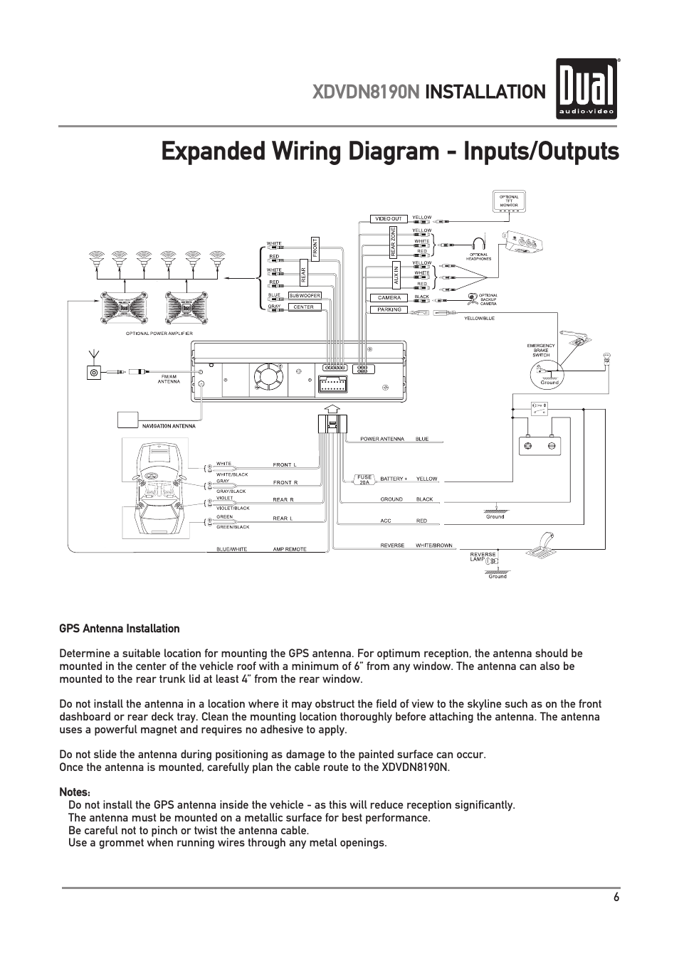 Expanded wiring diagram - inputs/outputs, Xdvdn8190n installation | Dual Electronics XDVDN8190N User Manual | Page 7 / 84