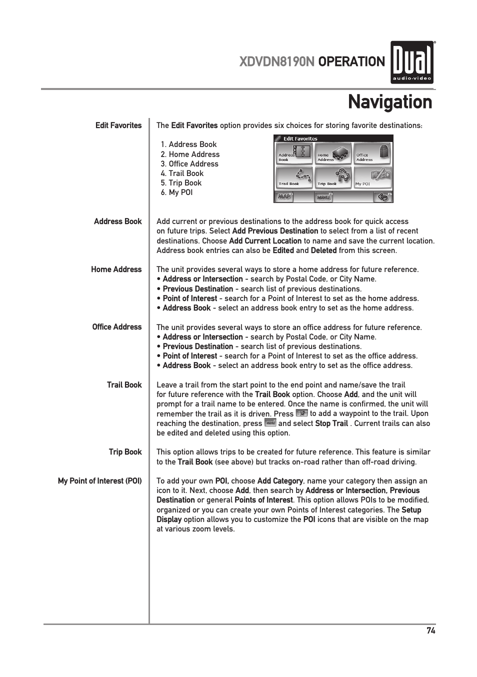Navigation, Xdvdn8190n operation | Dual Electronics XDVDN8190N User Manual | Page 75 / 84