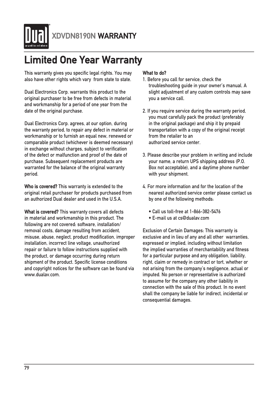 Limited one year warranty, Xdvdn8190n warranty | Dual Electronics XDVDN8190N User Manual | Page 80 / 84