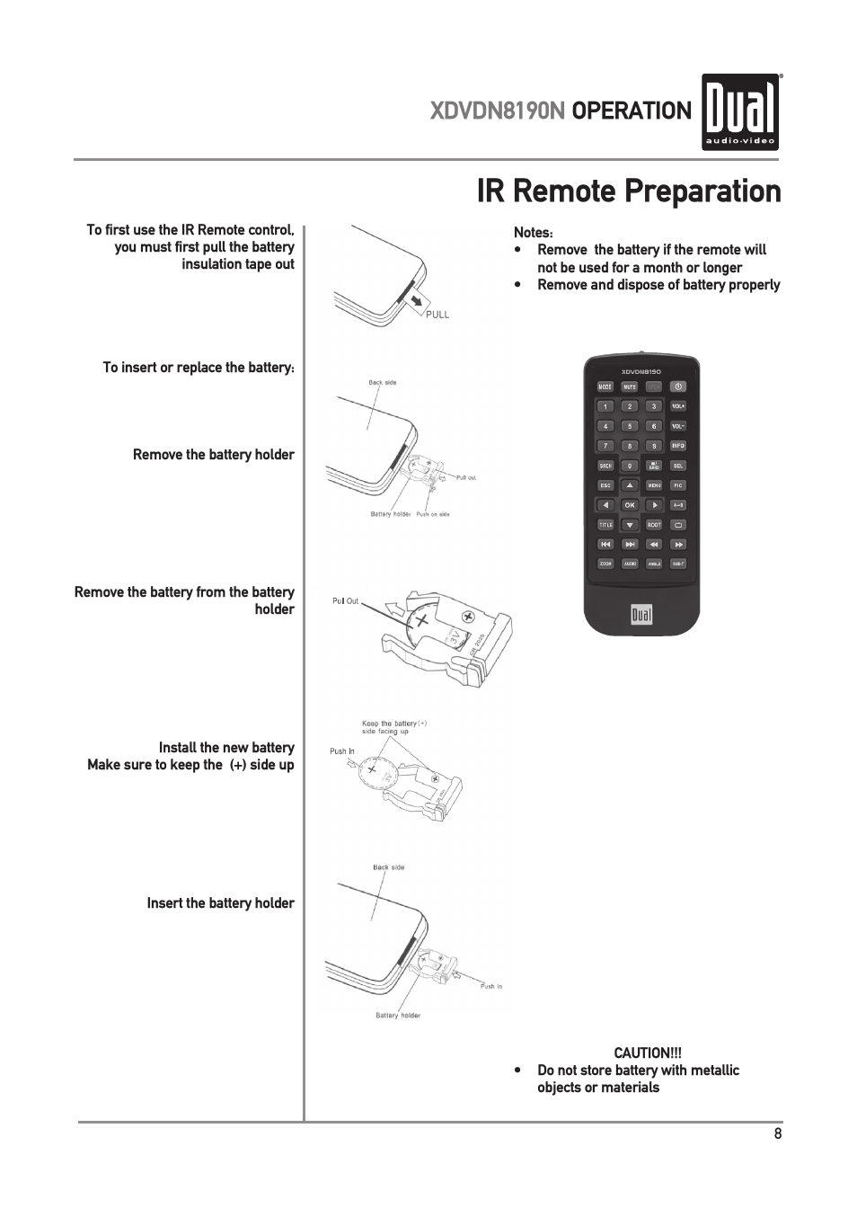 Ir remote preparation, Xdvdn8190n operation | Dual Electronics XDVDN8190N User Manual | Page 9 / 84