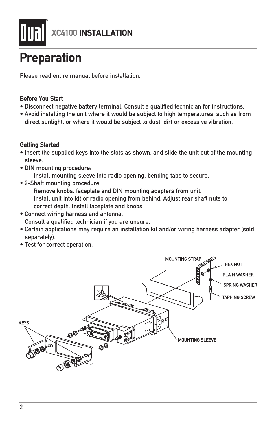 Preparation, Xc4100 installation | Dual Electronics XC4100 User Manual | Page 2 / 8