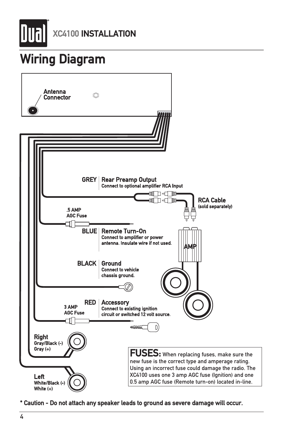 Wiring diagram, Fuses | Dual Electronics XC4100 User Manual | Page 4 / 8