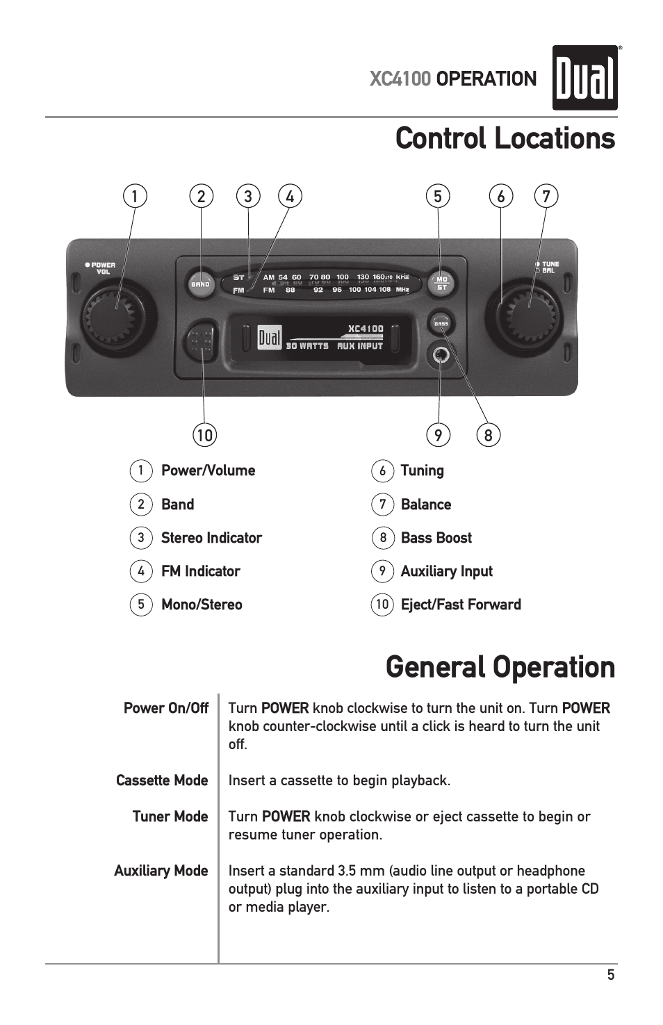 Control locations general operation, Xc4100 operation | Dual Electronics XC4100 User Manual | Page 5 / 8