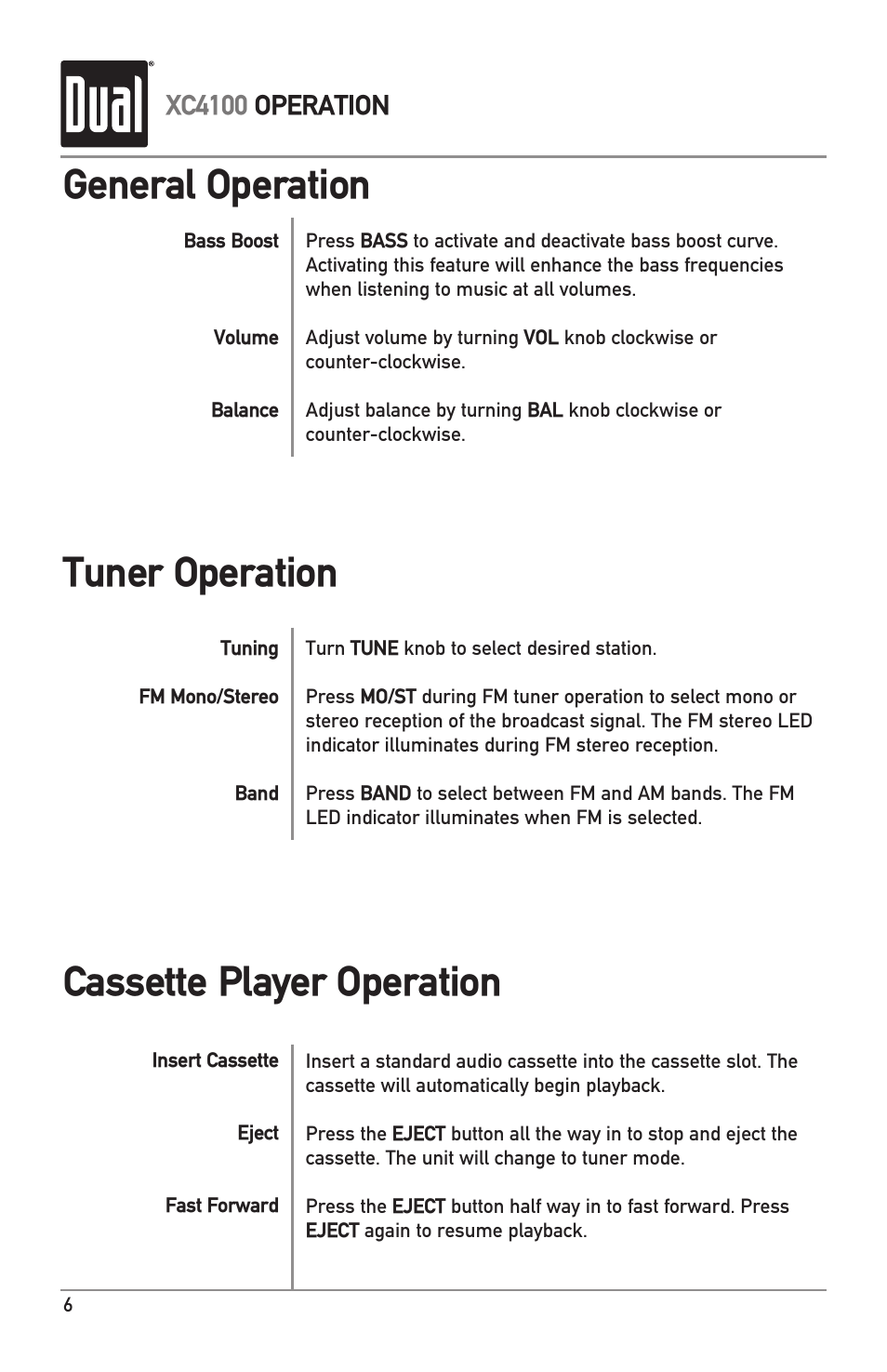 Cassette player operation, Tuner operation, General operation | Xc4100 operation | Dual Electronics XC4100 User Manual | Page 6 / 8
