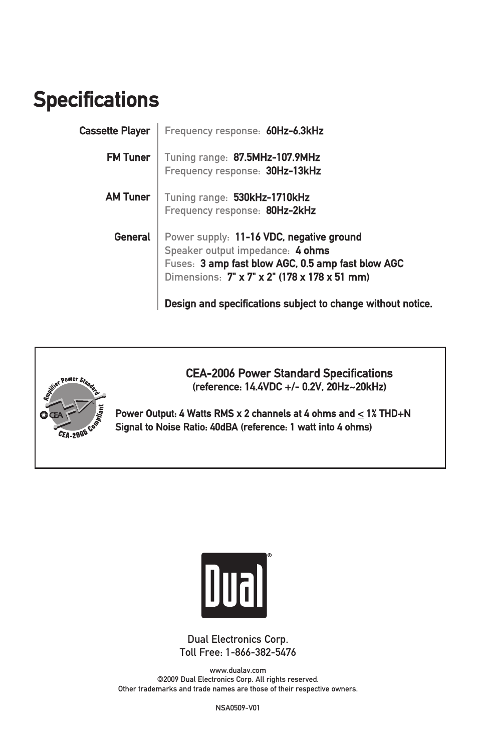 Specifications | Dual Electronics XC4100 User Manual | Page 8 / 8