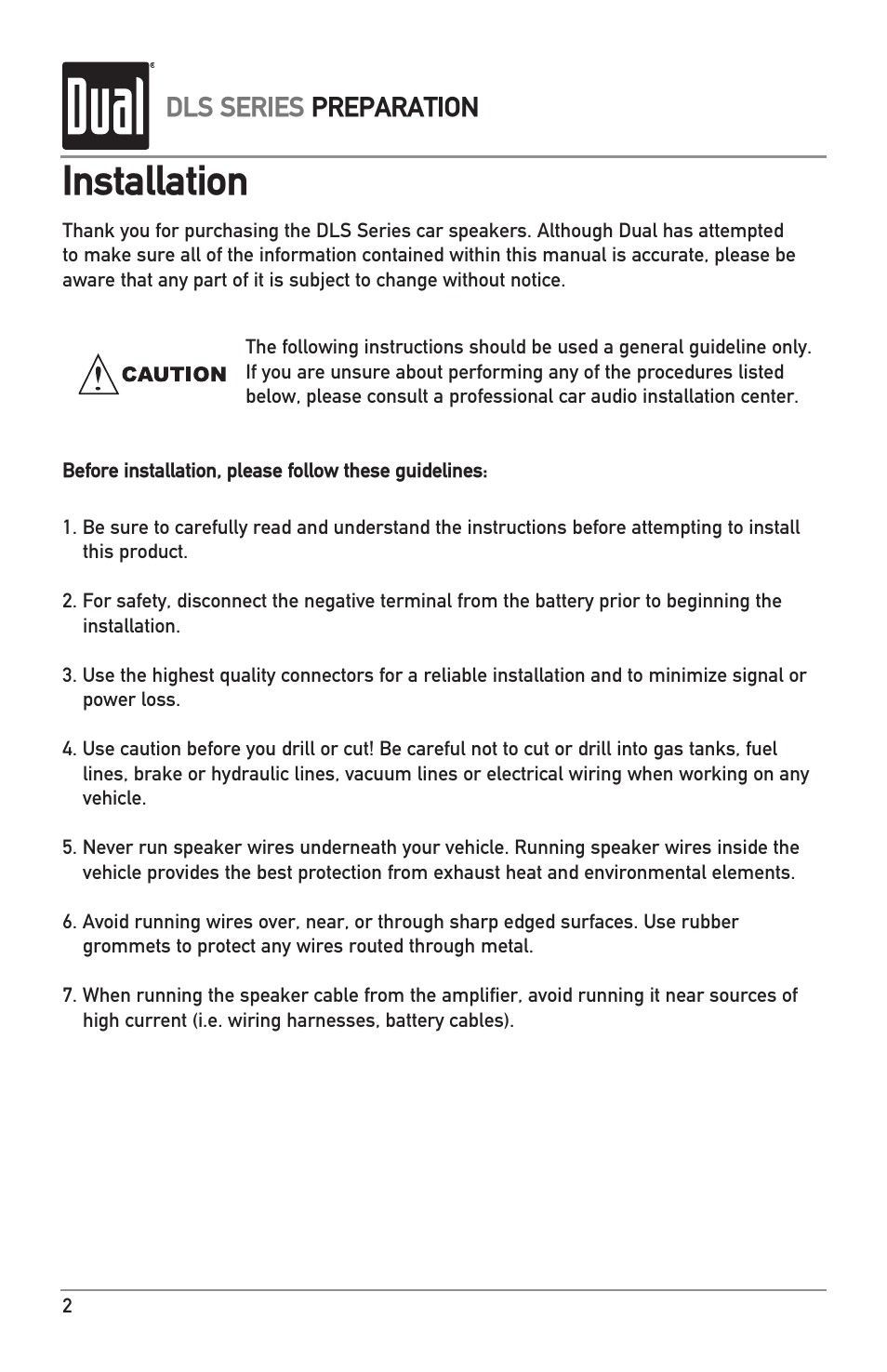 Installation, Dls series preparation | Dual Electronics DLS Series User Manual | Page 2 / 8