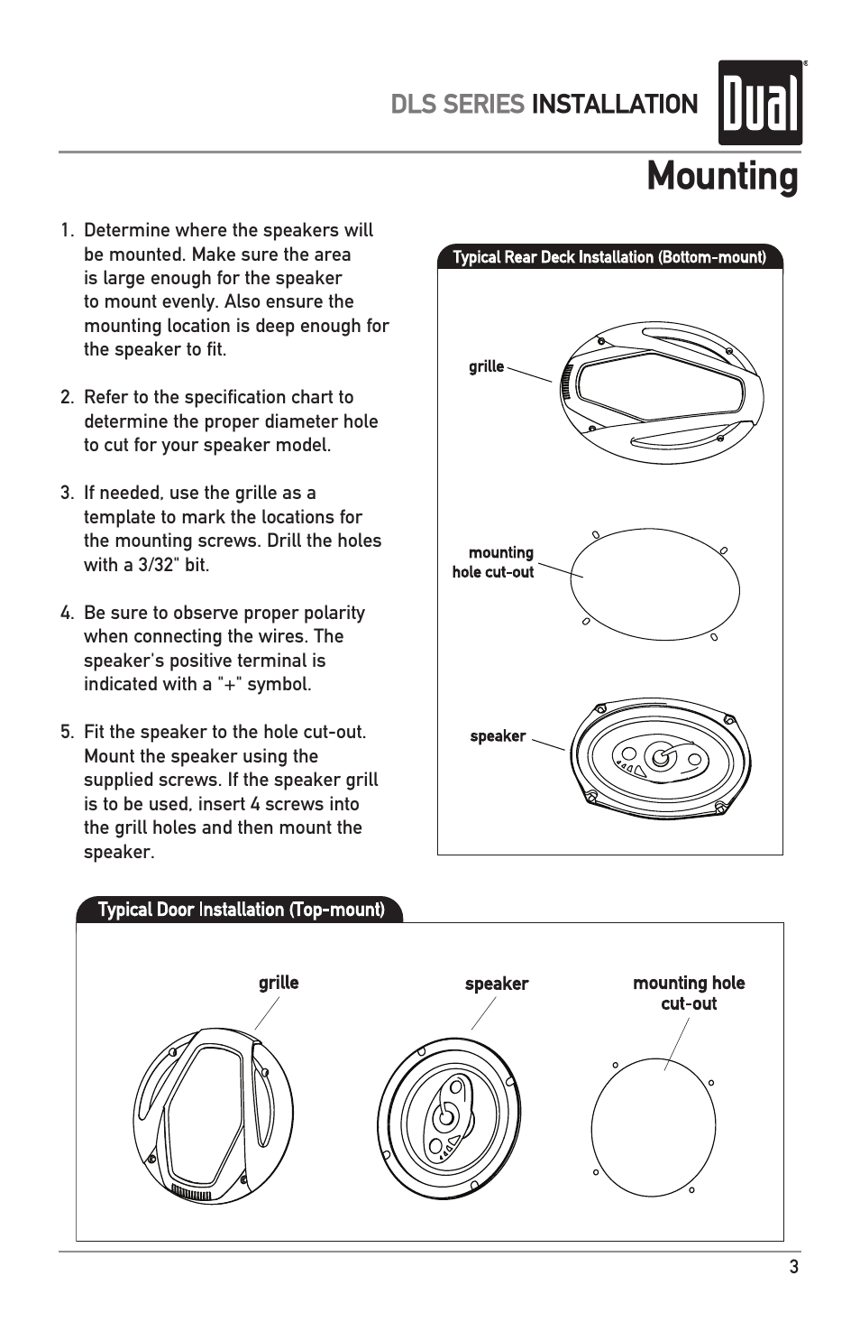 Mounting, Dls series installation | Dual Electronics DLS Series User Manual | Page 3 / 8