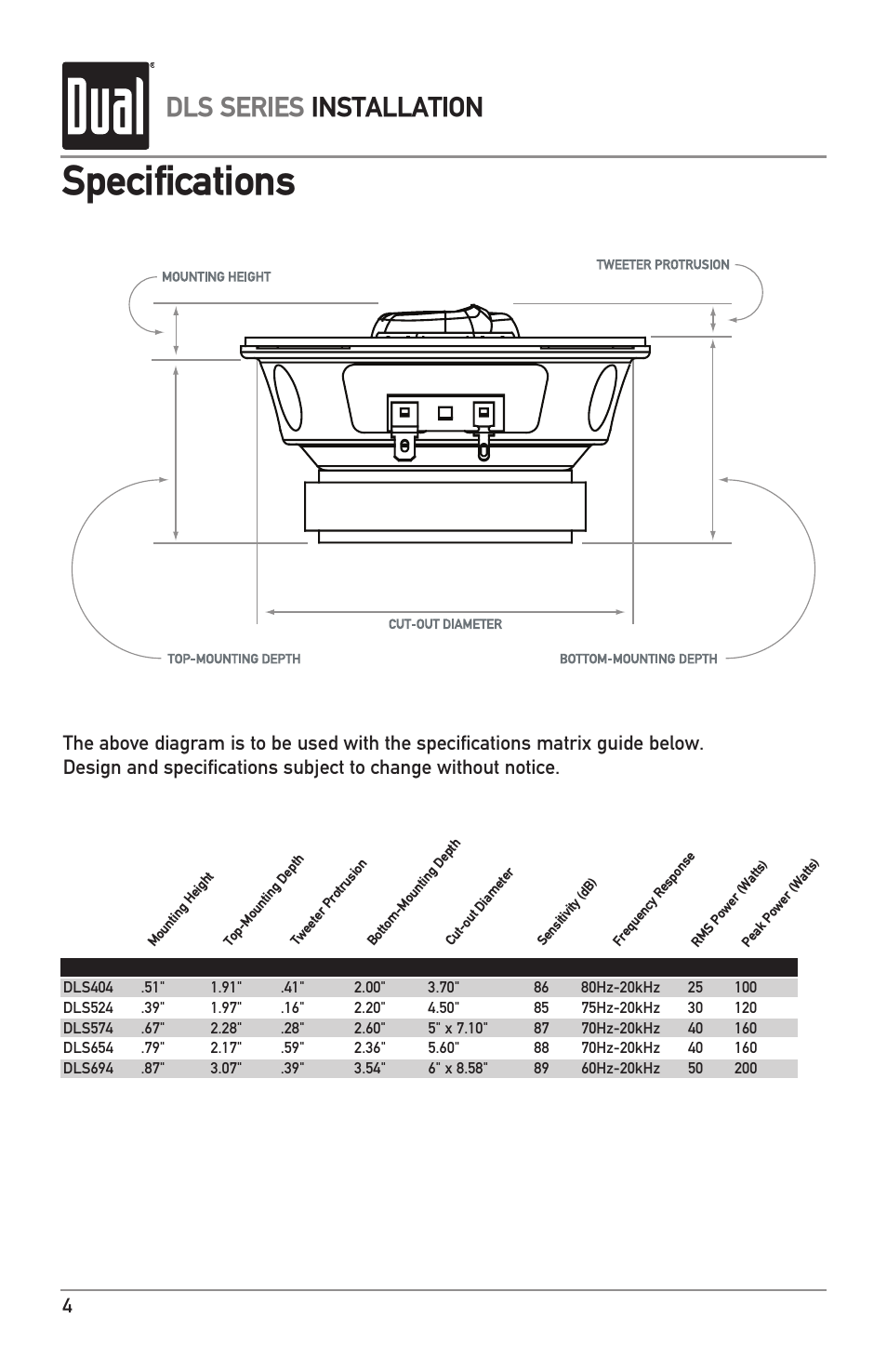 Specifications, Dls series installation | Dual Electronics DLS Series User Manual | Page 4 / 8