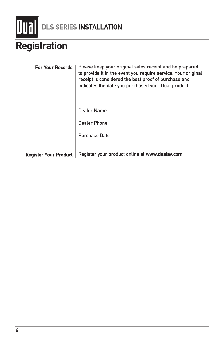 Registration, Dls series installation | Dual Electronics DLS Series User Manual | Page 6 / 8