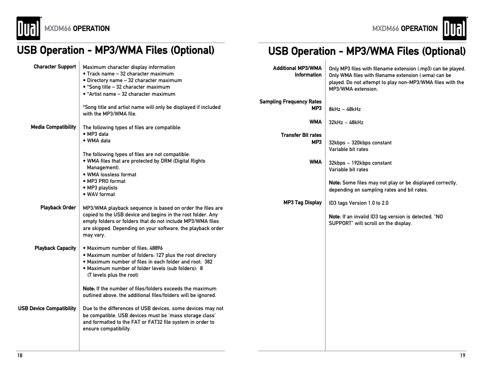 Usb operation - mp3/wma files (optional) | Dual Electronics MXDM66 User Manual | Page 10 / 13