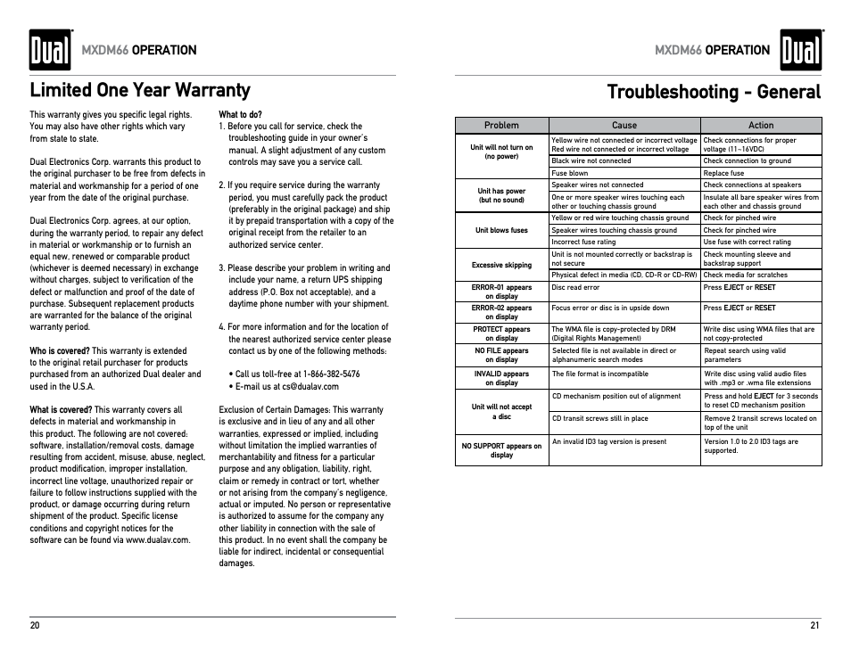 Limited one year warranty, Troubleshooting - general, Mxdm66 operation mxdm66 operation | Dual Electronics MXDM66 User Manual | Page 11 / 13