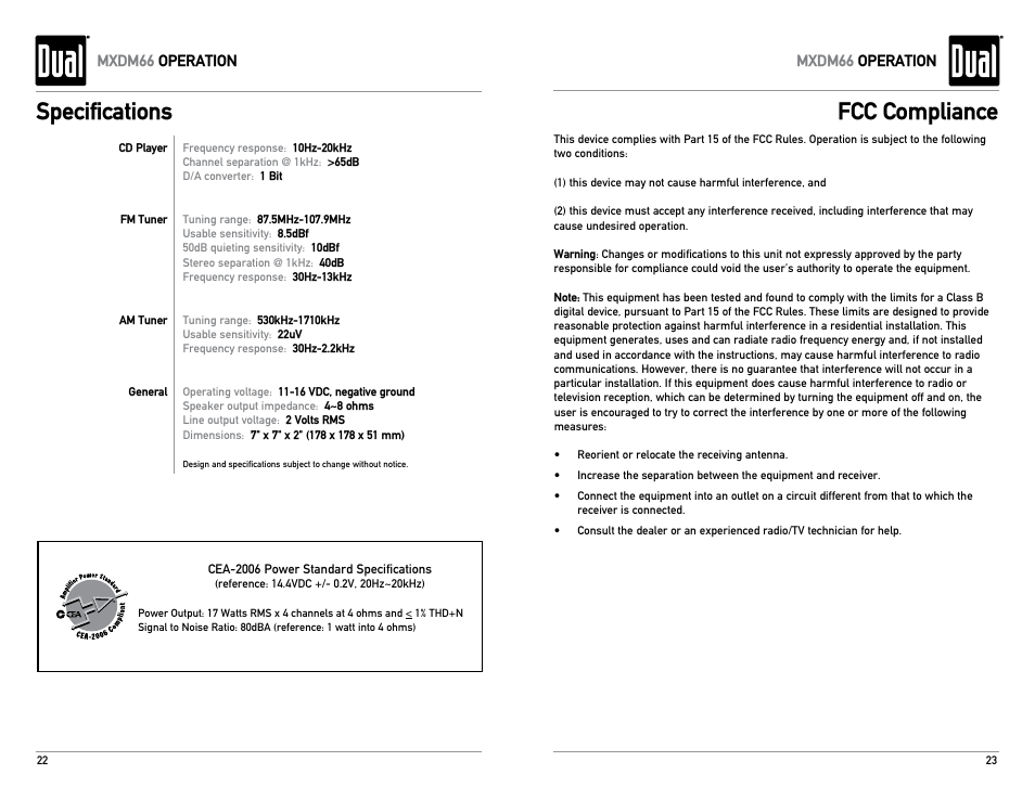 Specifications, Fcc compliance | Dual Electronics MXDM66 User Manual | Page 12 / 13
