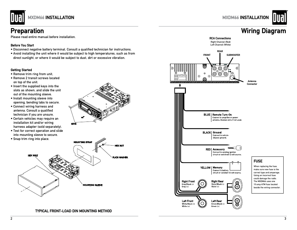 Preparation, Wiring diagram, Mxdm66 installation | Dual Electronics MXDM66 User Manual | Page 2 / 13