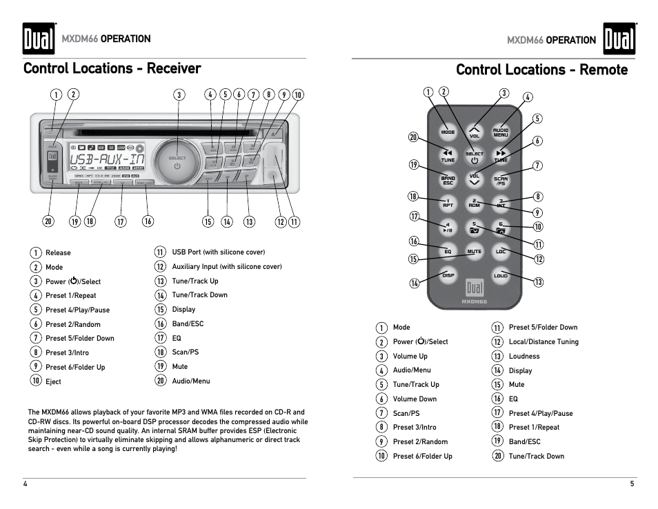 Control locations - receiver, Control locations - remote | Dual Electronics MXDM66 User Manual | Page 3 / 13