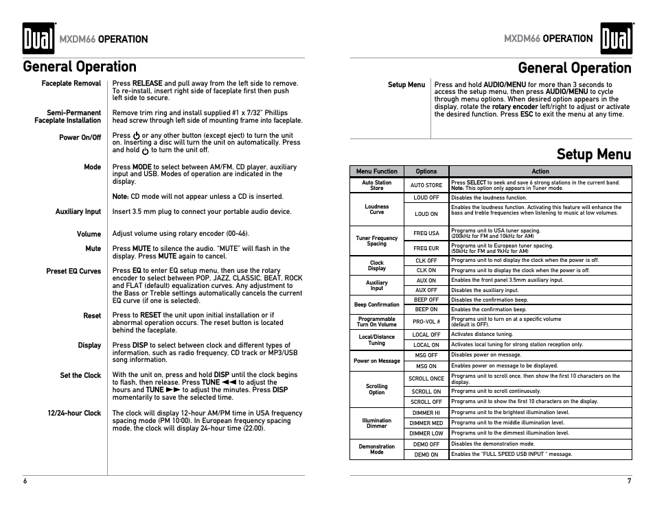 General operation setup menu, General operation, Mxdm66 operation | Dual Electronics MXDM66 User Manual | Page 4 / 13