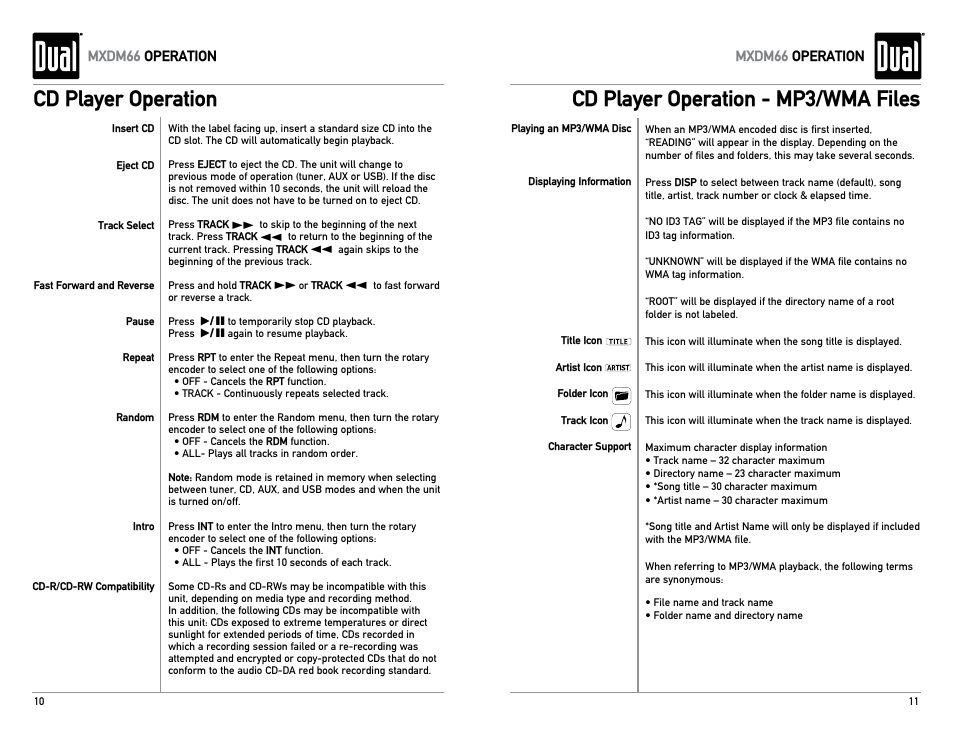 Cd player operation - mp3/wma files, Cd player operation | Dual Electronics MXDM66 User Manual | Page 6 / 13