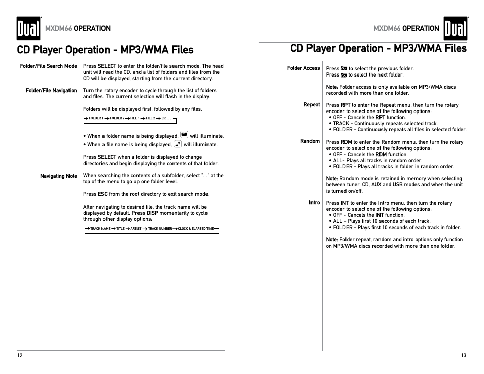 Cd player operation - mp3/wma files, Mxdm66 operation | Dual Electronics MXDM66 User Manual | Page 7 / 13