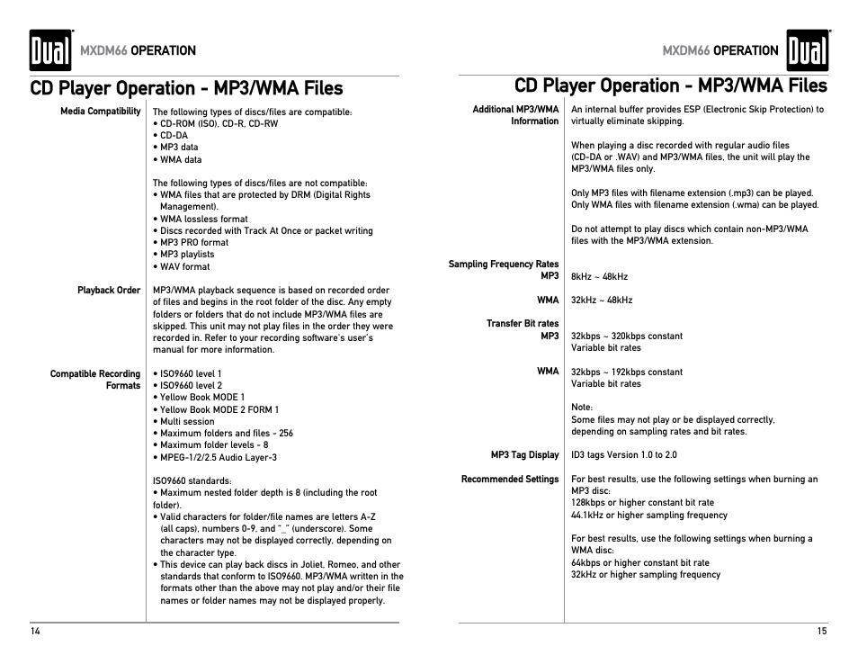 Cd player operation - mp3/wma files | Dual Electronics MXDM66 User Manual | Page 8 / 13
