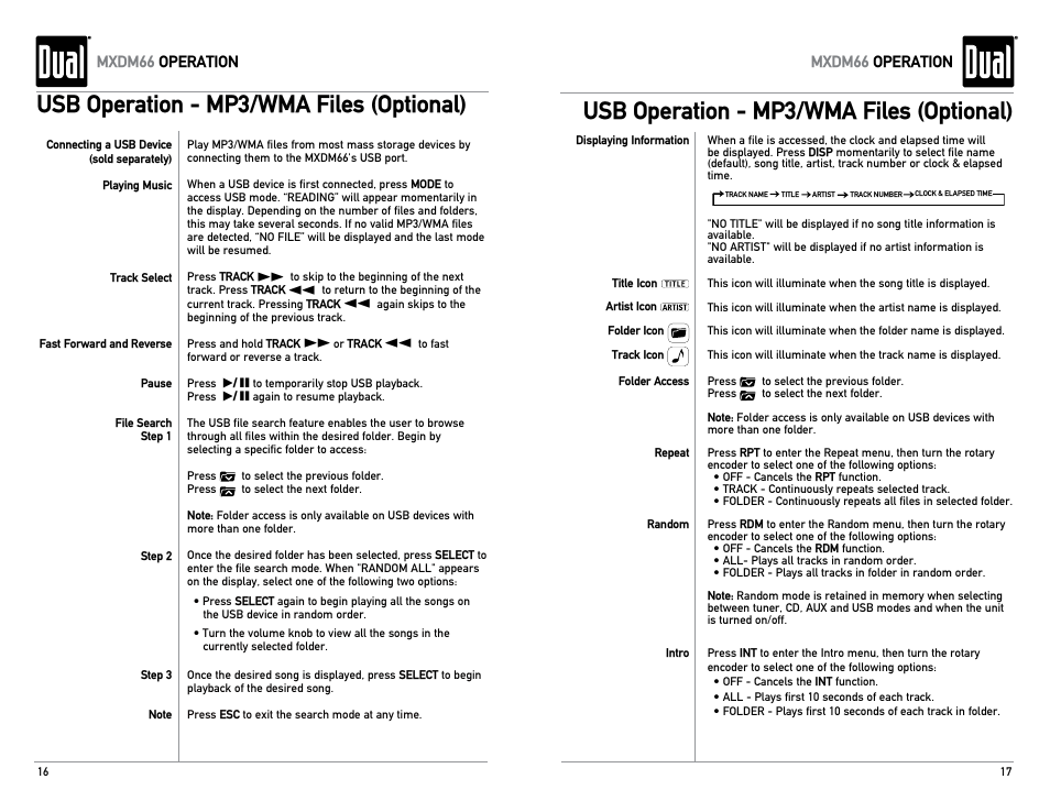 Usb operation - mp3/wma files (optional) | Dual Electronics MXDM66 User Manual | Page 9 / 13