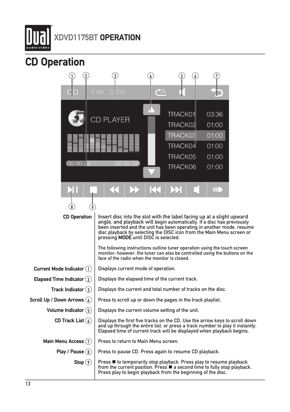 Cd operation, Xdvd1175bt operation | Dual Electronics XDVD1175BT User Manual | Page 14 / 36