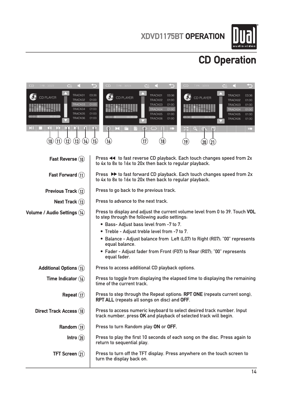 Cd operation, Xdvd1175bt operation | Dual Electronics XDVD1175BT User Manual | Page 15 / 36