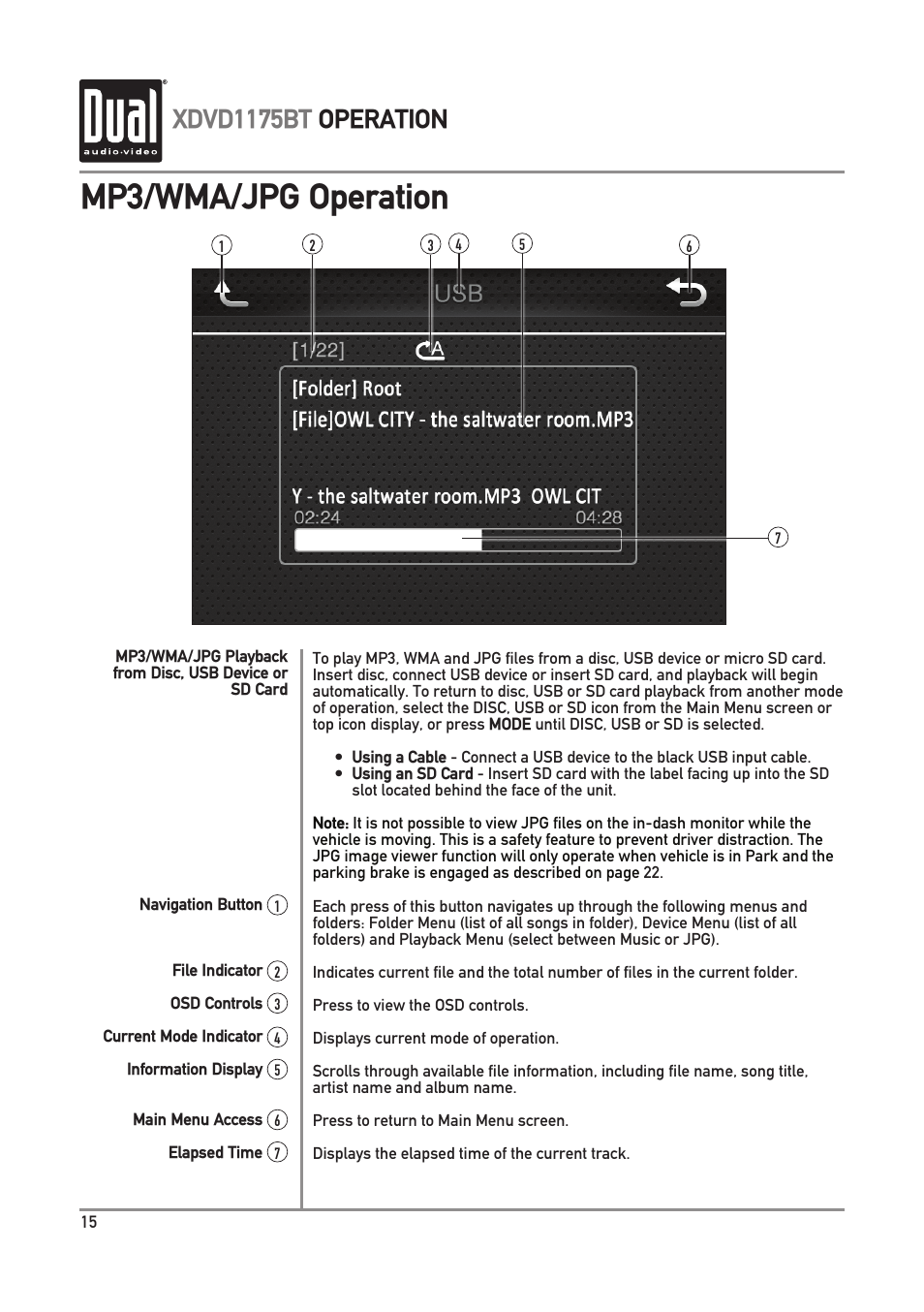 Mp3/wma/jpg operation, Xdvd1175bt operation | Dual Electronics XDVD1175BT User Manual | Page 16 / 36