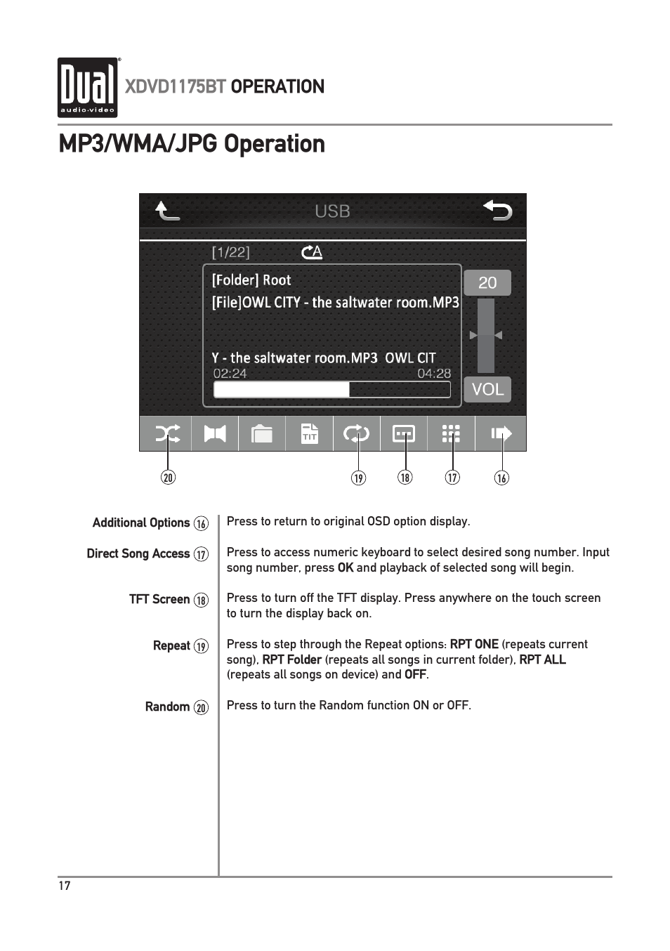 Mp3/wma/jpg operation, Xdvd1175bt operation | Dual Electronics XDVD1175BT User Manual | Page 18 / 36