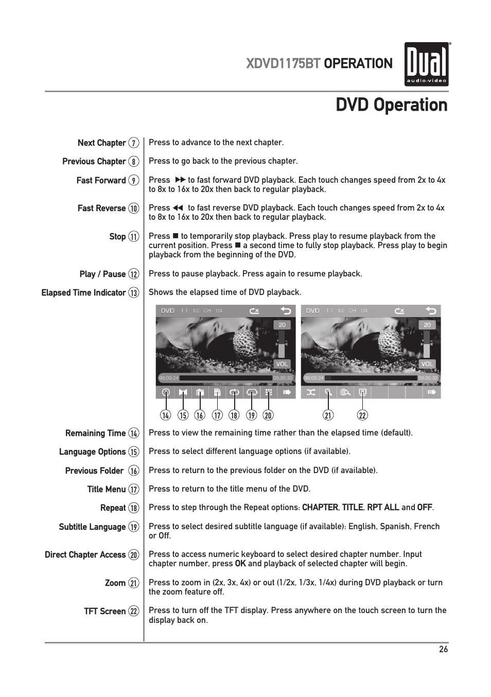 Dvd operation, Xdvd1175bt operation | Dual Electronics XDVD1175BT User Manual | Page 27 / 36