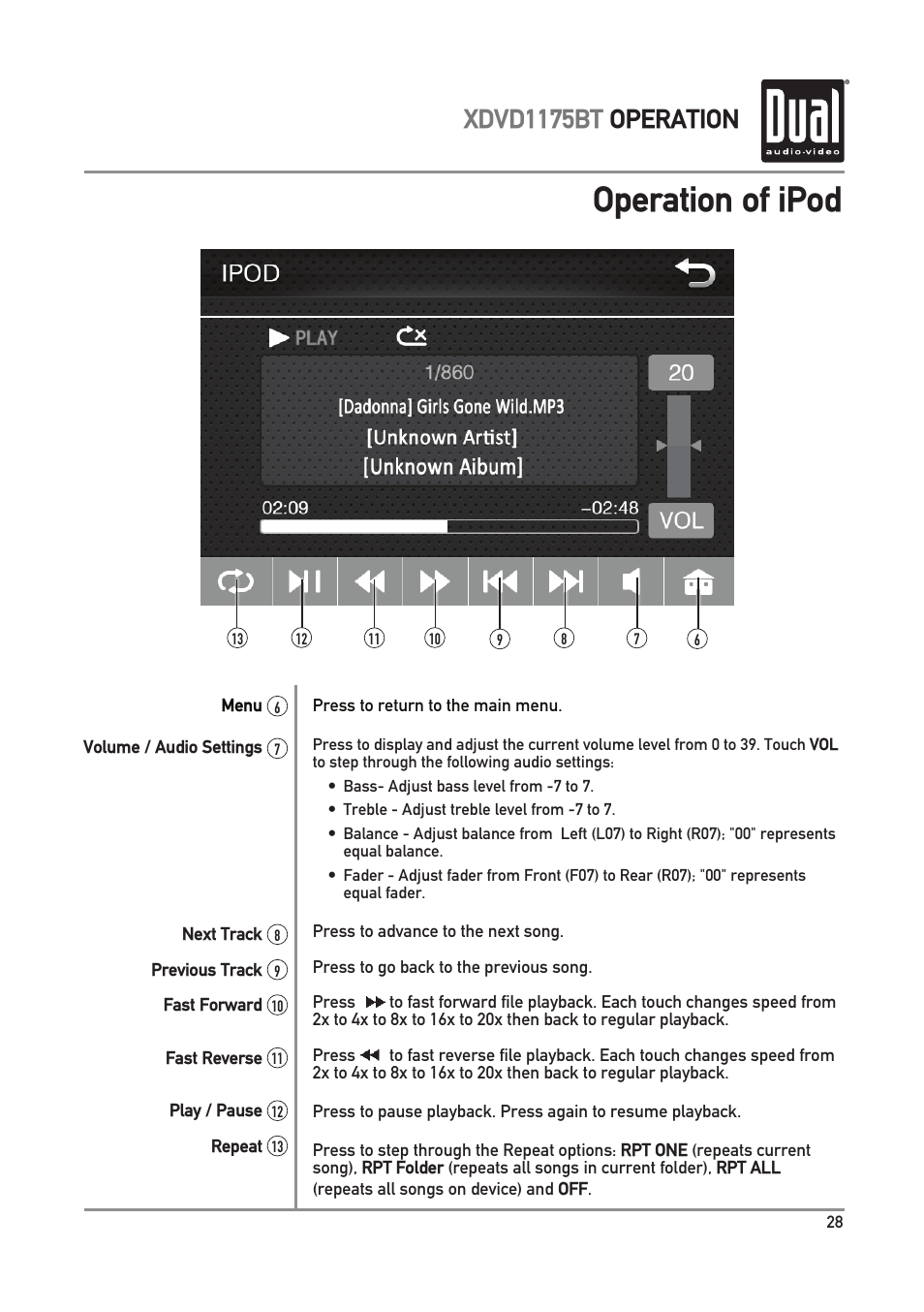Operation of ipod, Xdvd1175bt operation | Dual Electronics XDVD1175BT User Manual | Page 29 / 36
