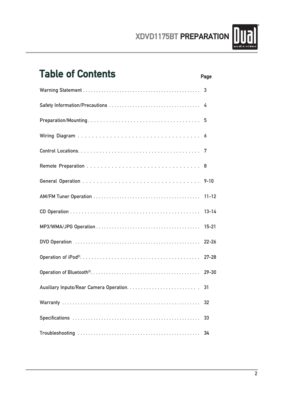 Dual Electronics XDVD1175BT User Manual | Page 3 / 36