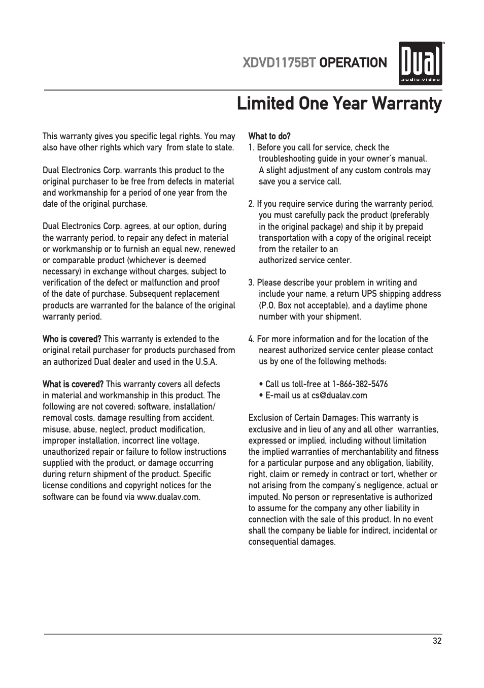 Limited one year warranty, Xdvd1175bt operation | Dual Electronics XDVD1175BT User Manual | Page 33 / 36