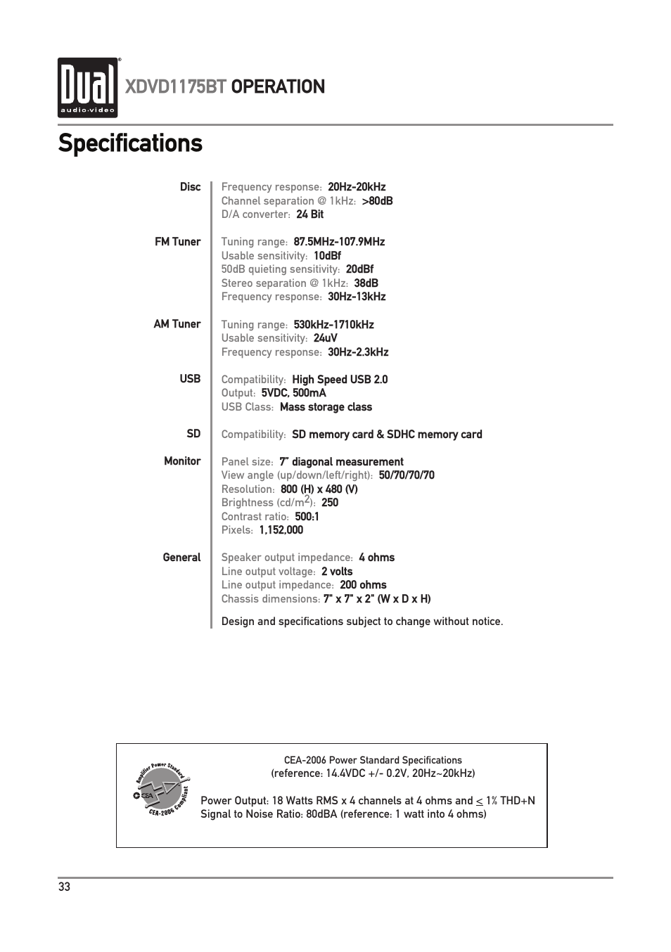 Specifications, Xdvd1175bt operation | Dual Electronics XDVD1175BT User Manual | Page 34 / 36