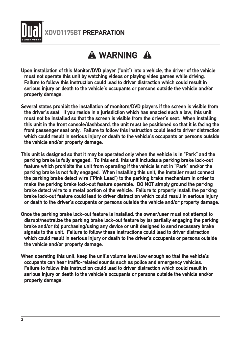 Warning, Xdvd1175bt preparation | Dual Electronics XDVD1175BT User Manual | Page 4 / 36